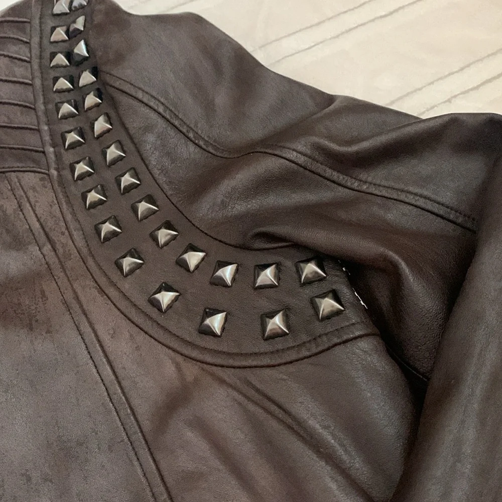 Faith Connexion Designer Men’s Brown Leather Studded Biker Bomber Jacket